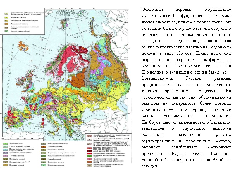 Осадочные породы, покрывающие кристаллический фундамент платформы, имеют спокойное, близкое к горизонтальному залегание. Однако в